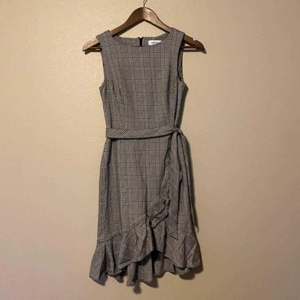 Calvin Klein Plaid Midi Dress with Ruffle Hem